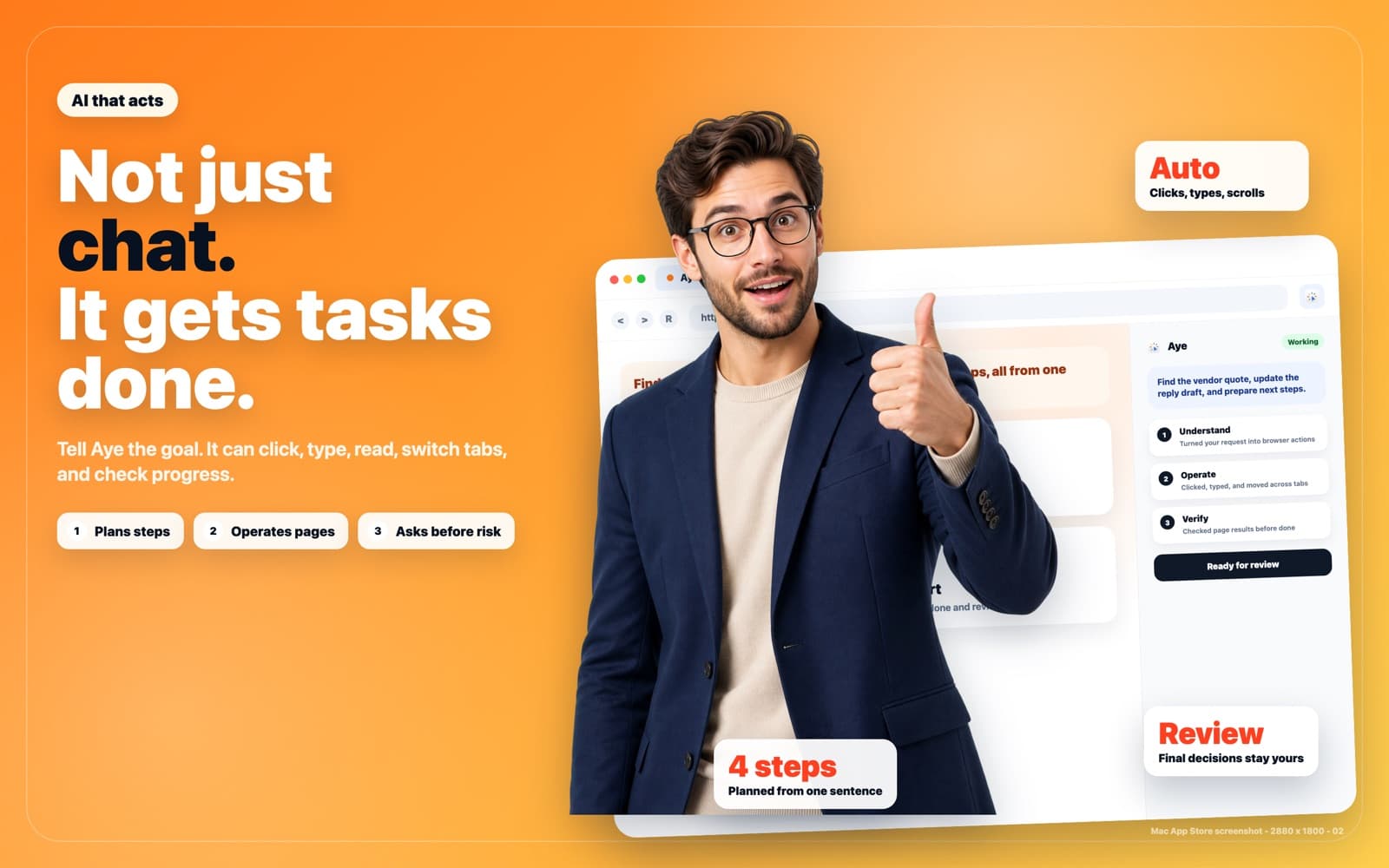 Official Aye Apple store image depicting an agent flow that plans, operates pages, and checks progress