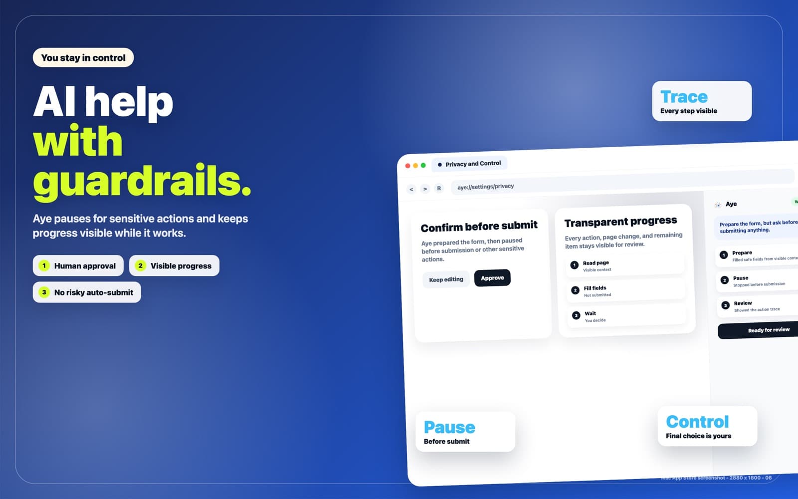 Official Aye Apple store image depicting a pause-before-submit and human approval interface