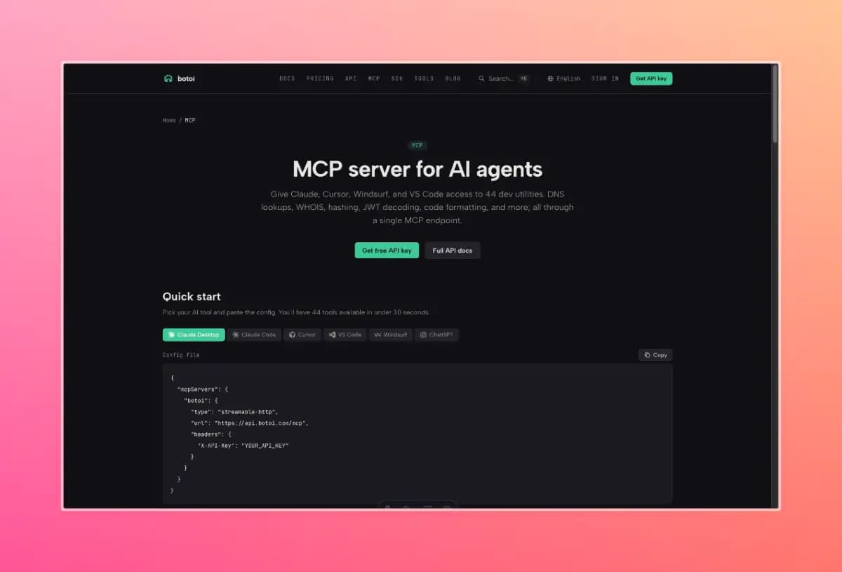 Botoi maker product image showing the MCP server page, client tabs, and remote-server JSON configuration