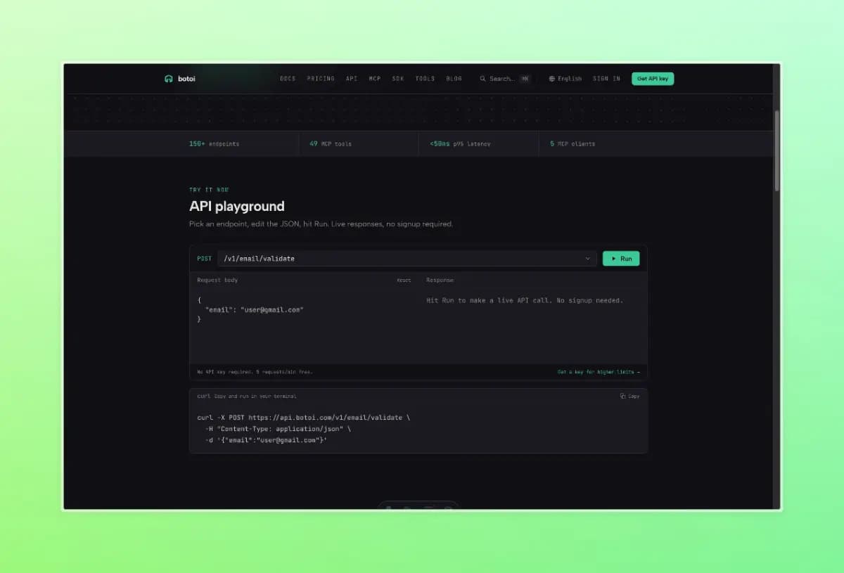 Botoi maker product image showing the API Playground endpoint picker, JSON request, run button, and curl example