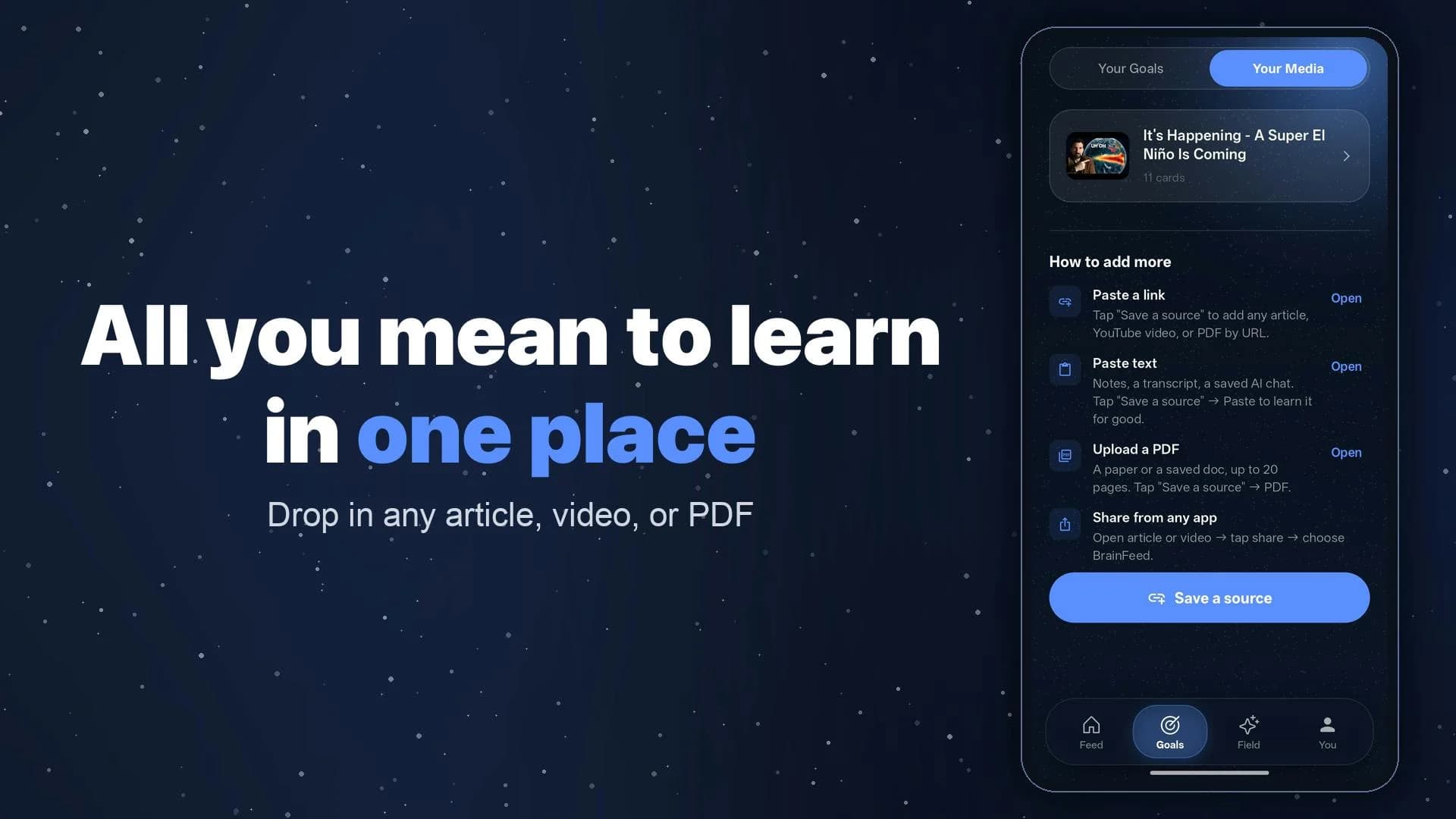 BrainFeed 官方产品画面，展示粘贴链接、文字、PDF 和从其他 App 分享