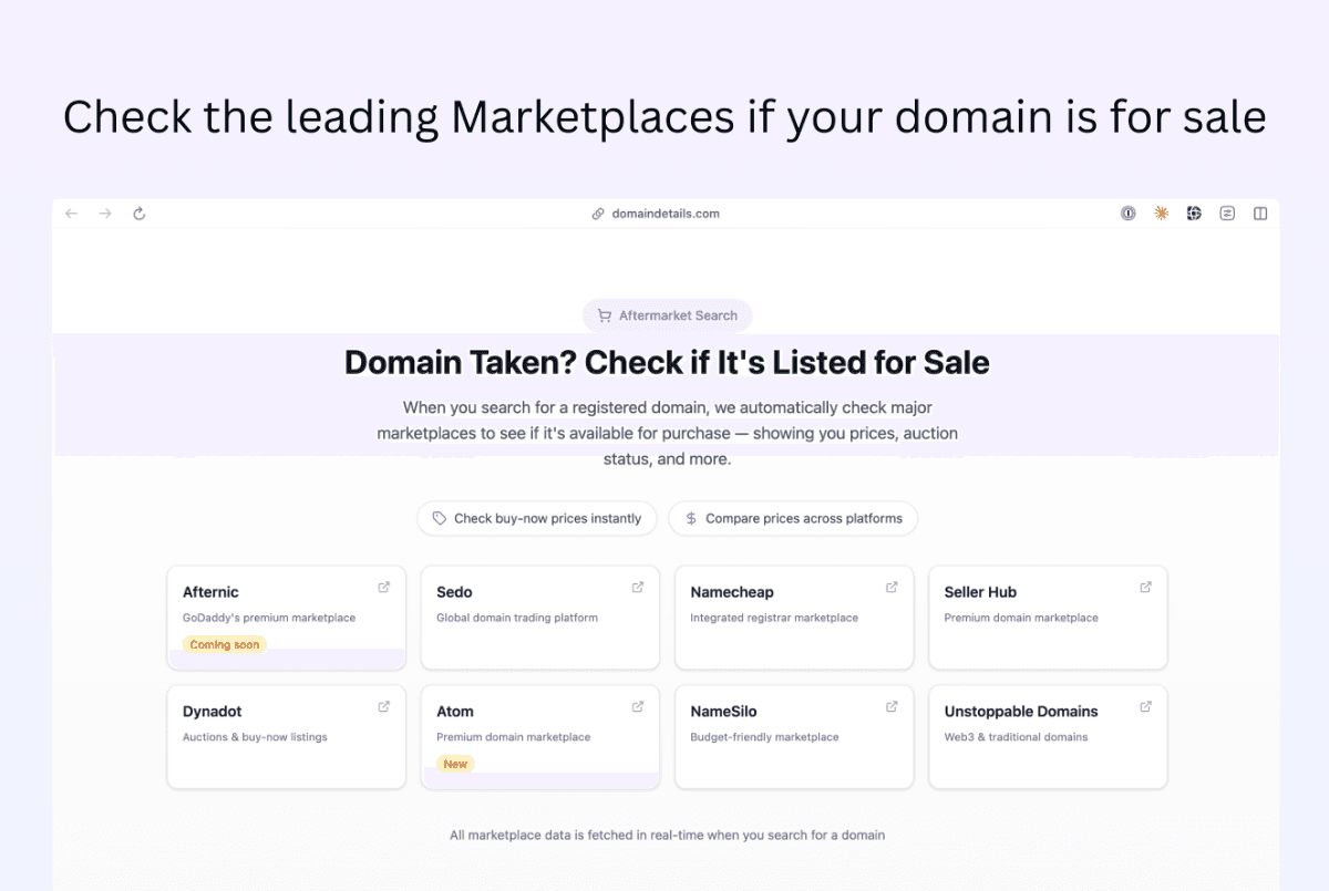 Domain Details maker product image showing eight domain aftermarket cards and price-comparison entry points
