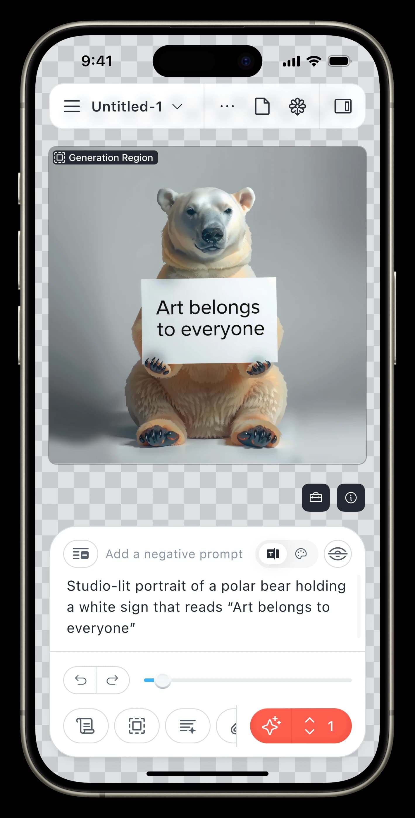 Draw Things 官方 iPhone 产品画面，展示一张生成图和下方的文字提示