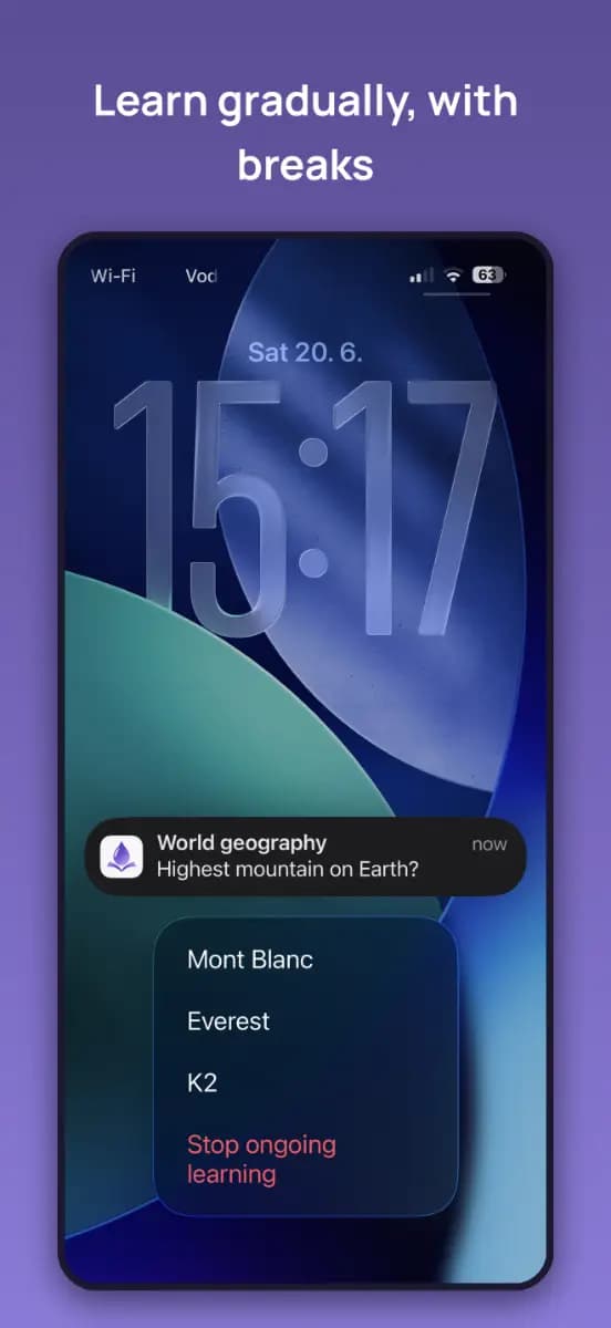Dropling maker product image showing a Lock Screen learning notification, answer choices, and correct-answer feedback