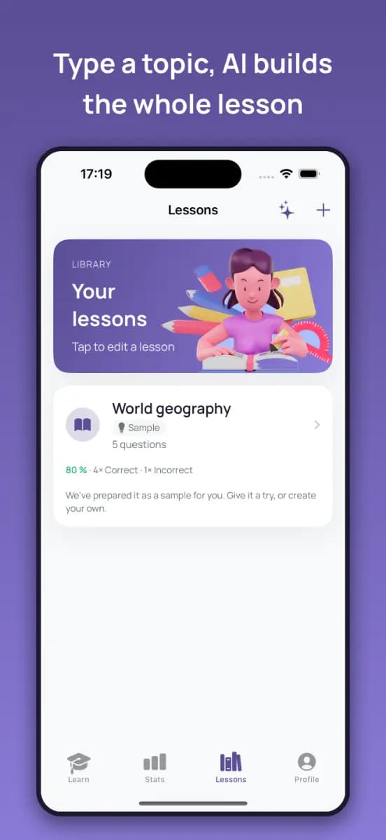 Dropling maker product image showing the lesson list, lesson progress, and AI lesson generation entry