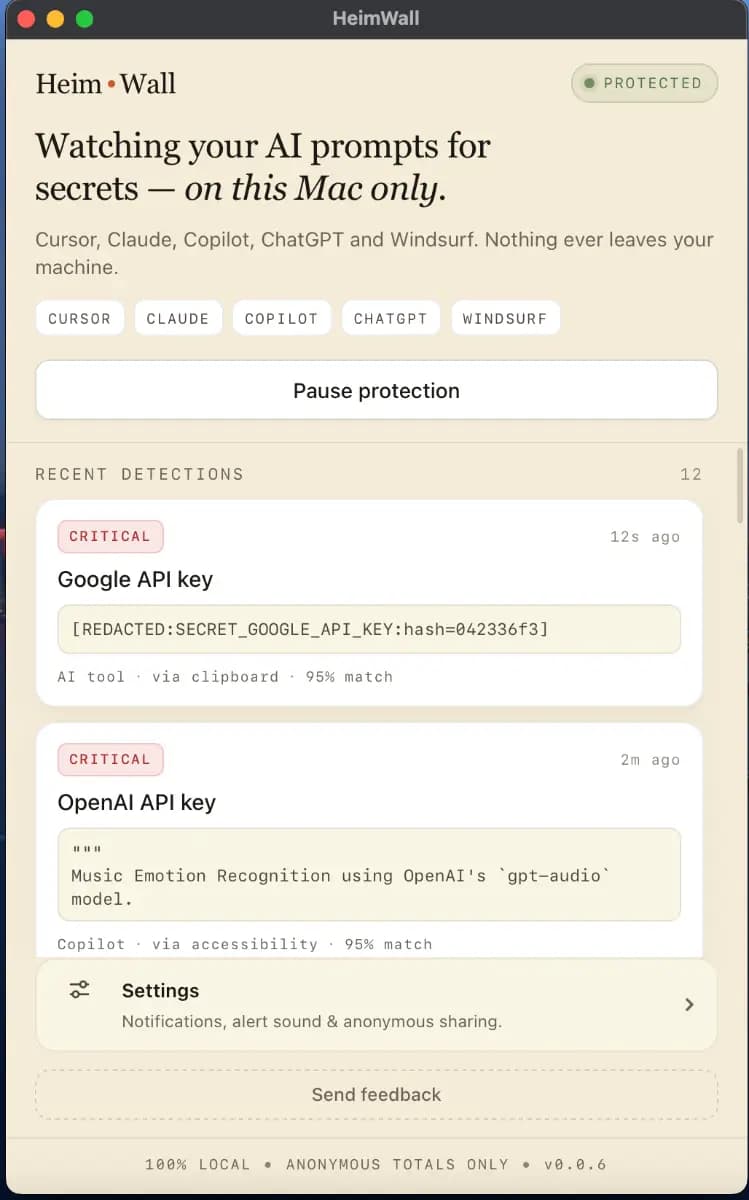 Publisher-uploaded HeimWall macOS window showing local protection, detections, redaction markers, capture sources, and v0.0.6