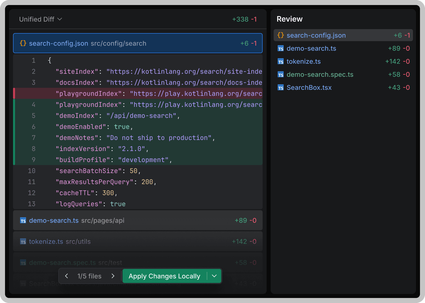 JetBrains Air official interface image showing a code-change diff review screen