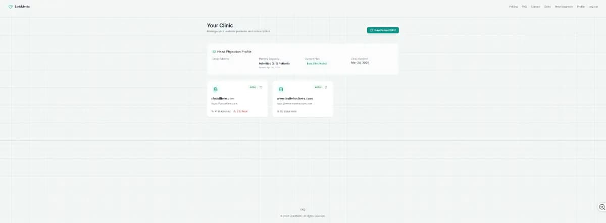 Publisher-uploaded LinkMedic site-project view showing account summary and two website project cards