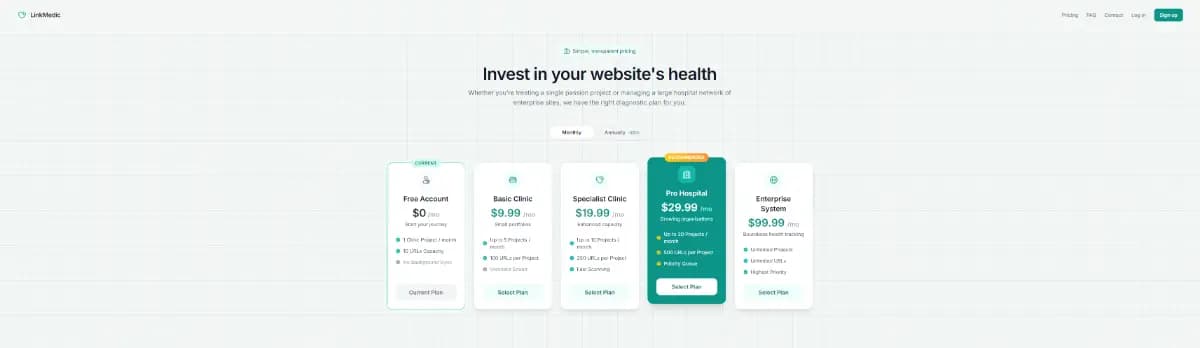 Publisher-uploaded LinkMedic pricing page showing Free, Basic, Specialist, Pro, and Enterprise plans