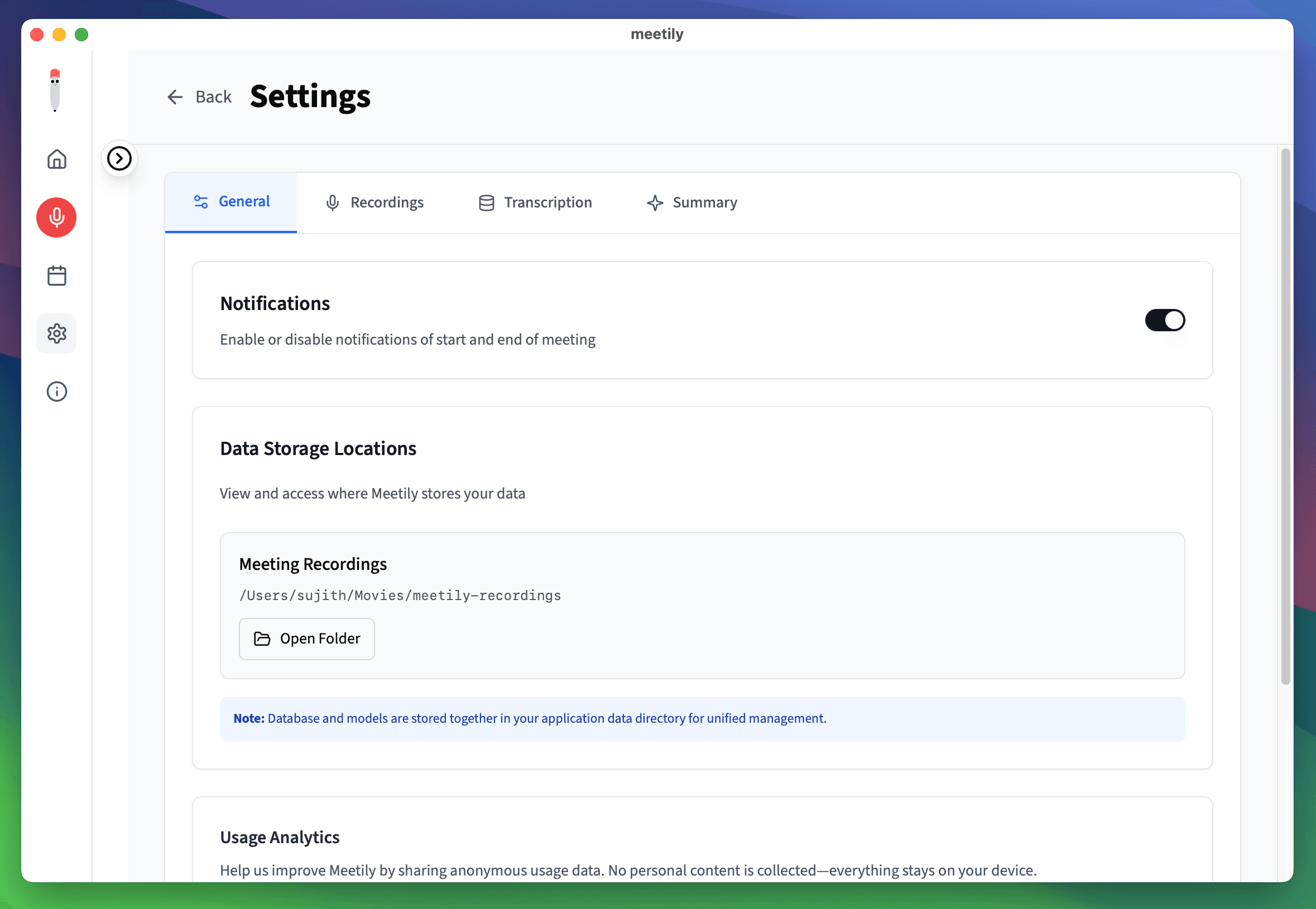 Meetily official settings view showing recording storage and usage analytics controls