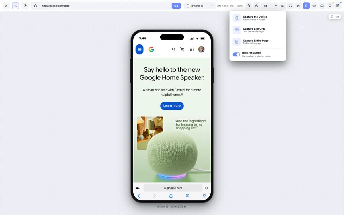 Publisher-uploaded MobileReady capture menu with device, site-only, and full-page options