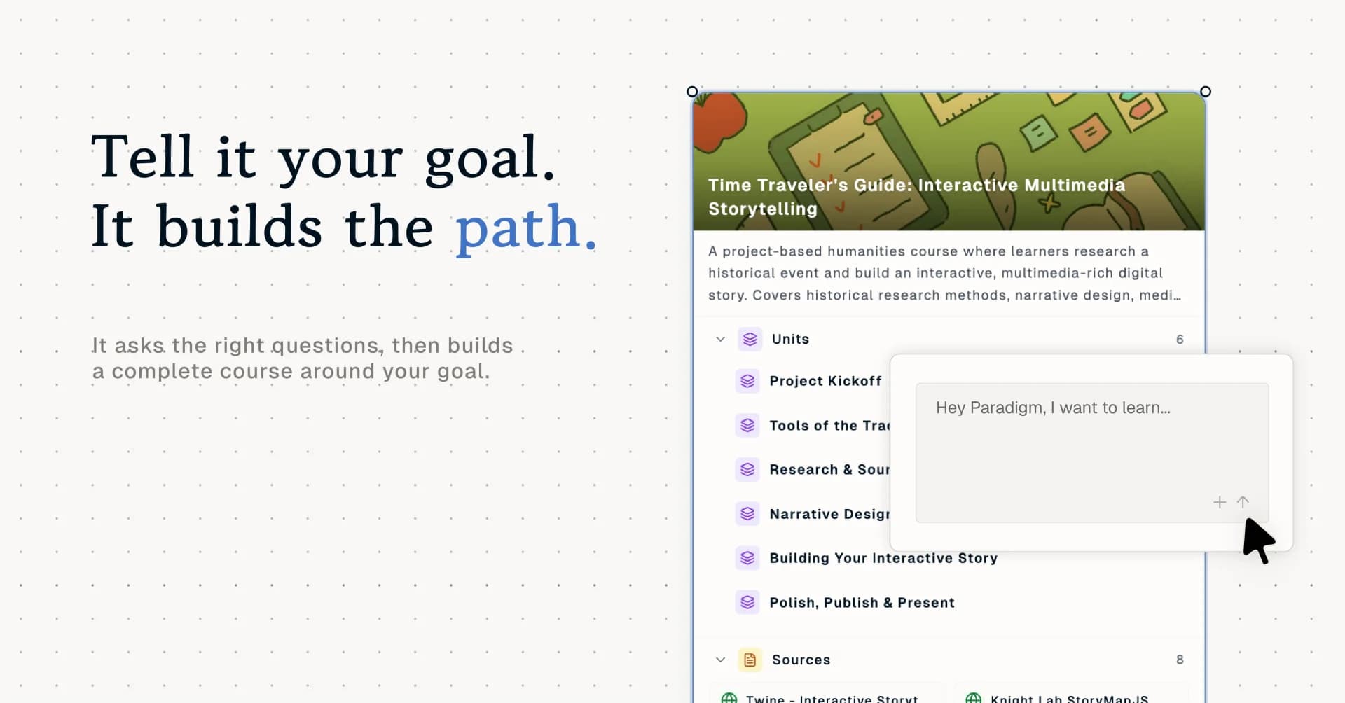 Official Paradigm interface image showing course units and sources built from a learning goal