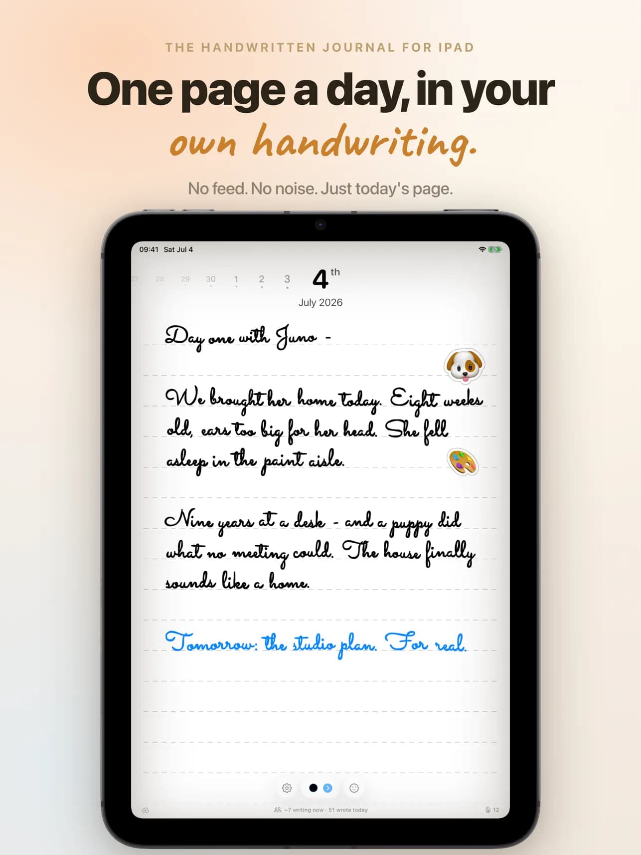 Official Pennen Apple App Store image showing the one-page handwritten journal, date, ink colors, stickers, and community count on iPad