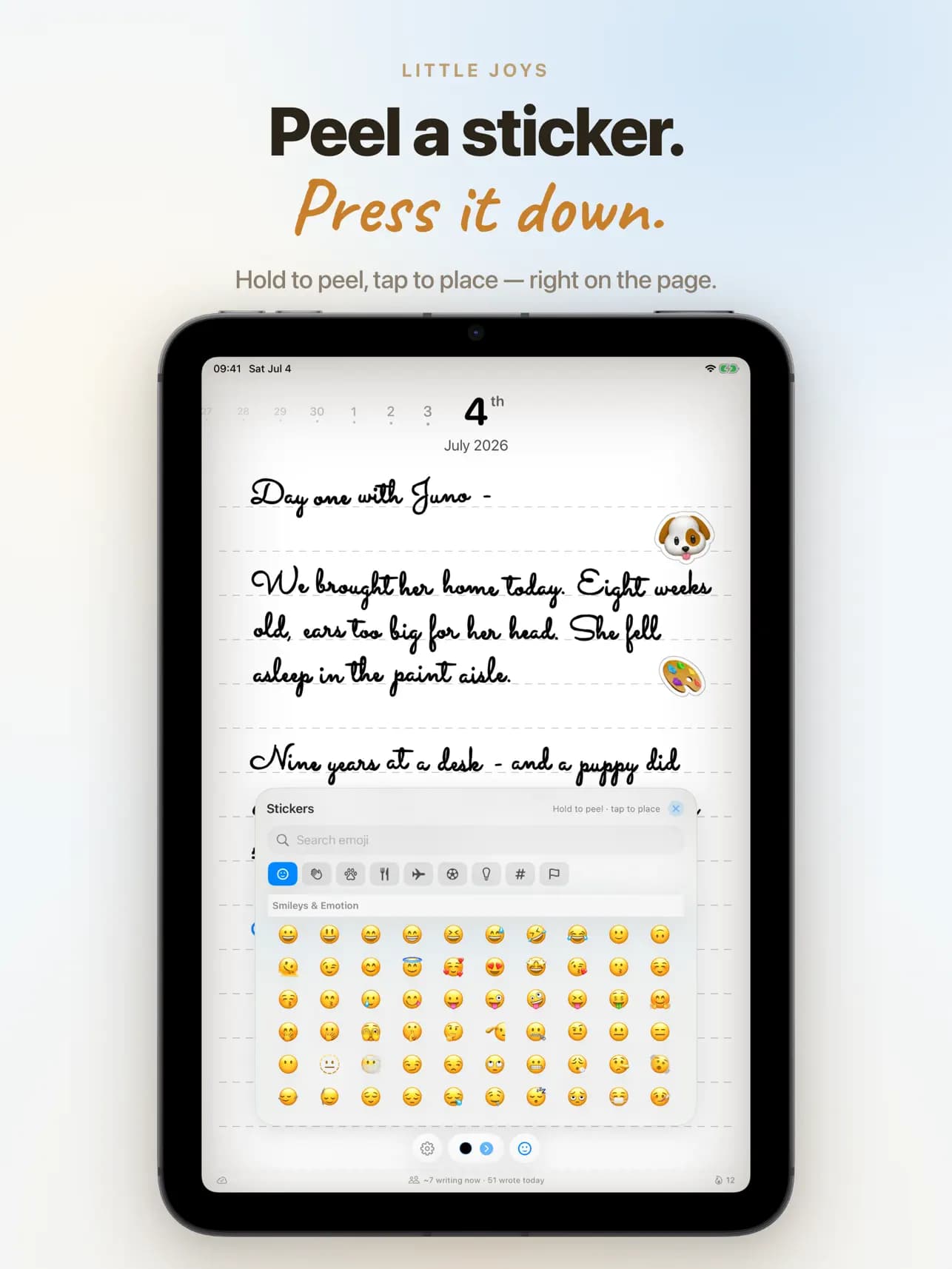 Official Pennen Apple App Store image showing the sticker picker, categories, and placement UI over a handwritten page