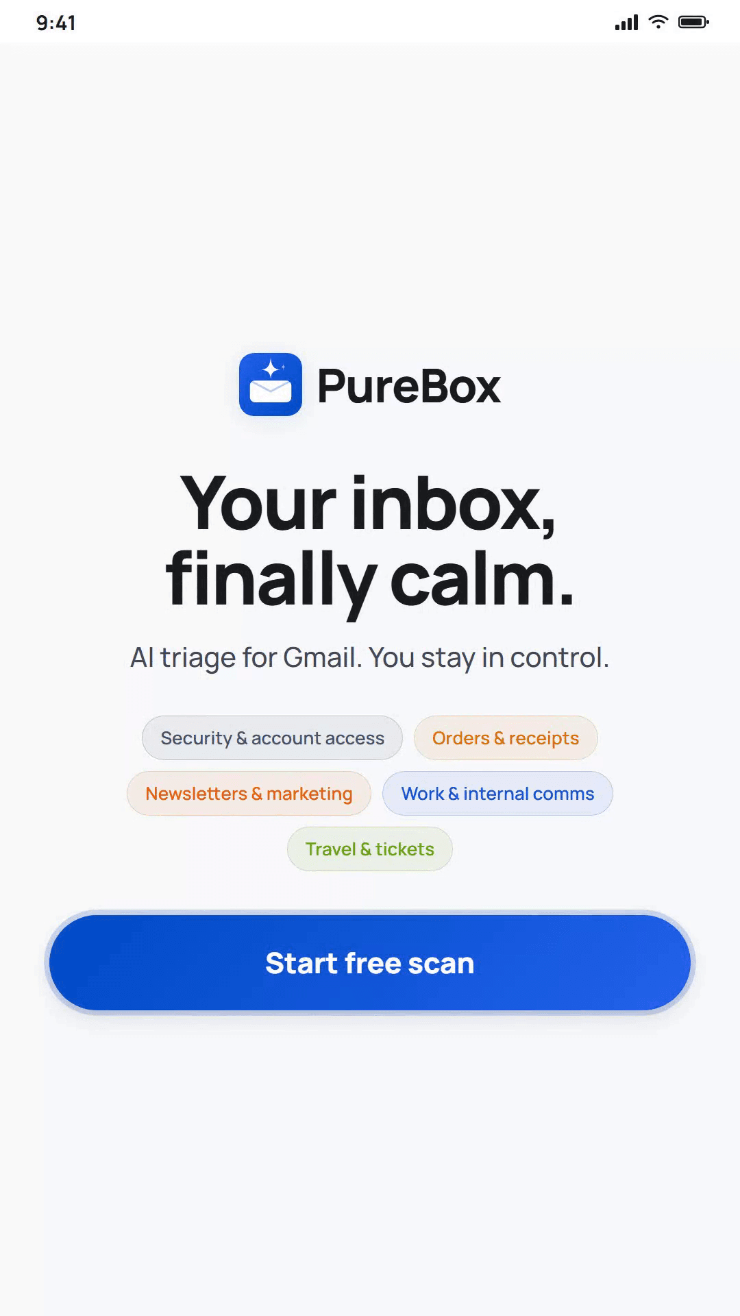 PureBox 官方移动端画面，展示免费扫描入口和邮件类别