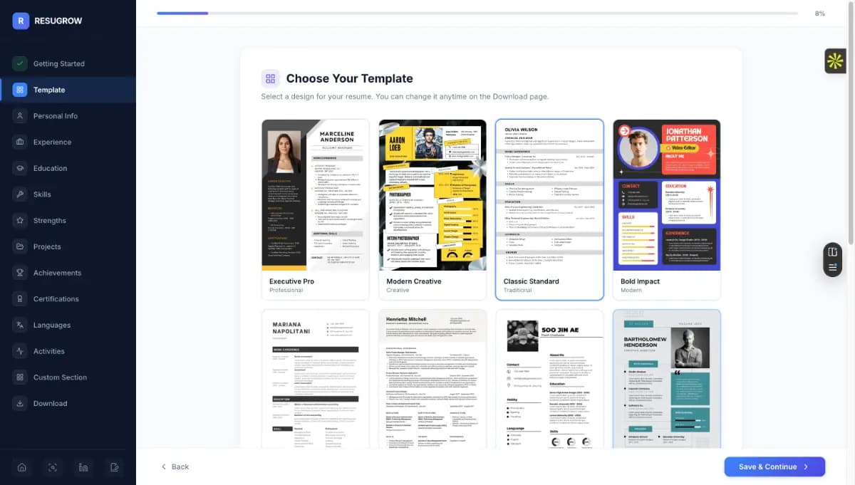 Publisher-uploaded ResuGrow resume template picker showing step navigation, template thumbnails, and a save action