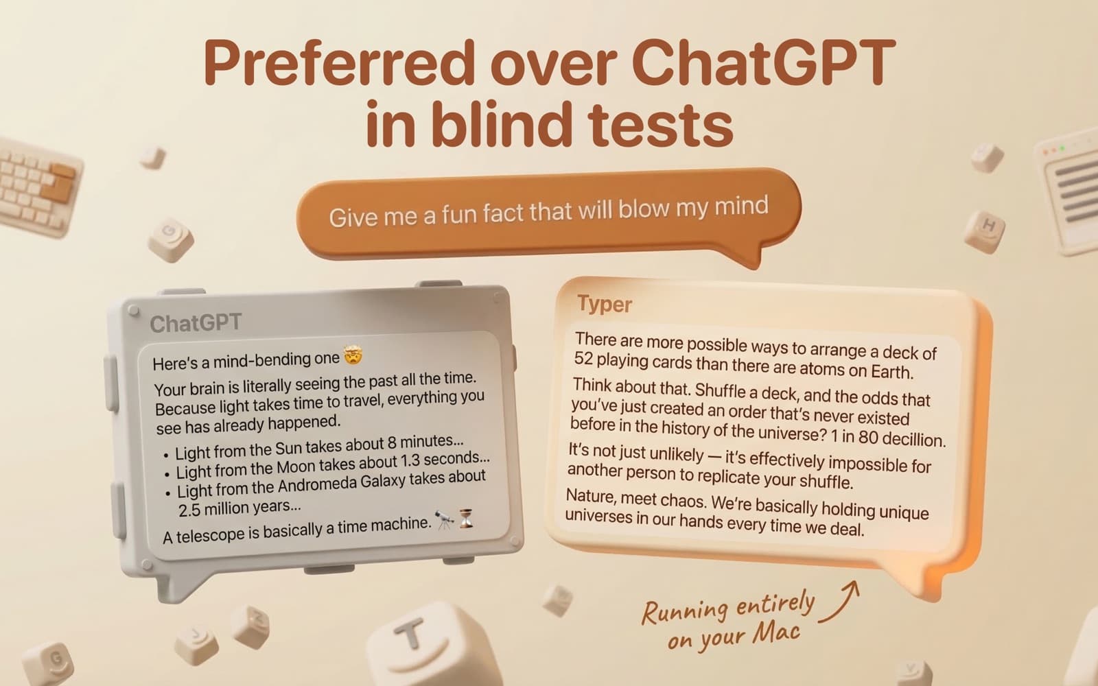 Official Typer AI store image comparing Typer and ChatGPT in the maker's blind test