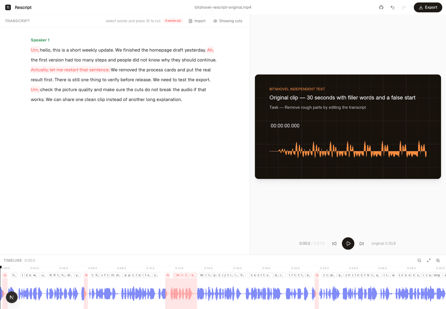 Rescript 本地编辑状态，3 个填充词和 6 个 false-start 词已标记，时间线显示 4 段剪切区间和 27.6 秒时长