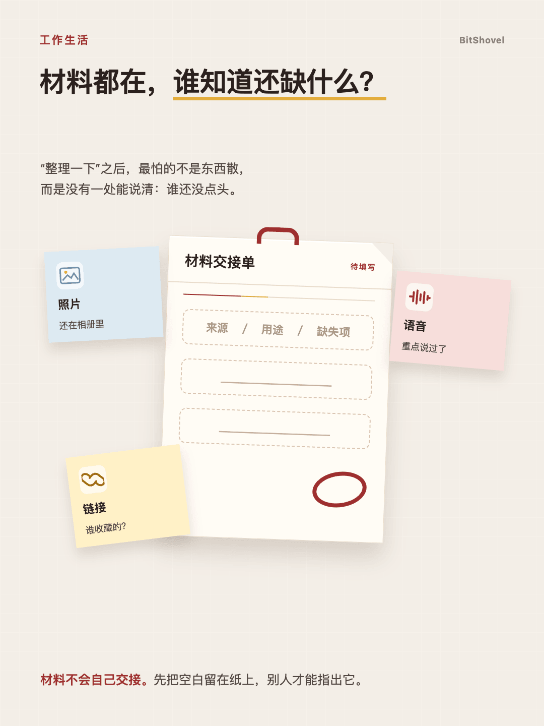 照片、语音和链接散落在一张空白交接纸周围