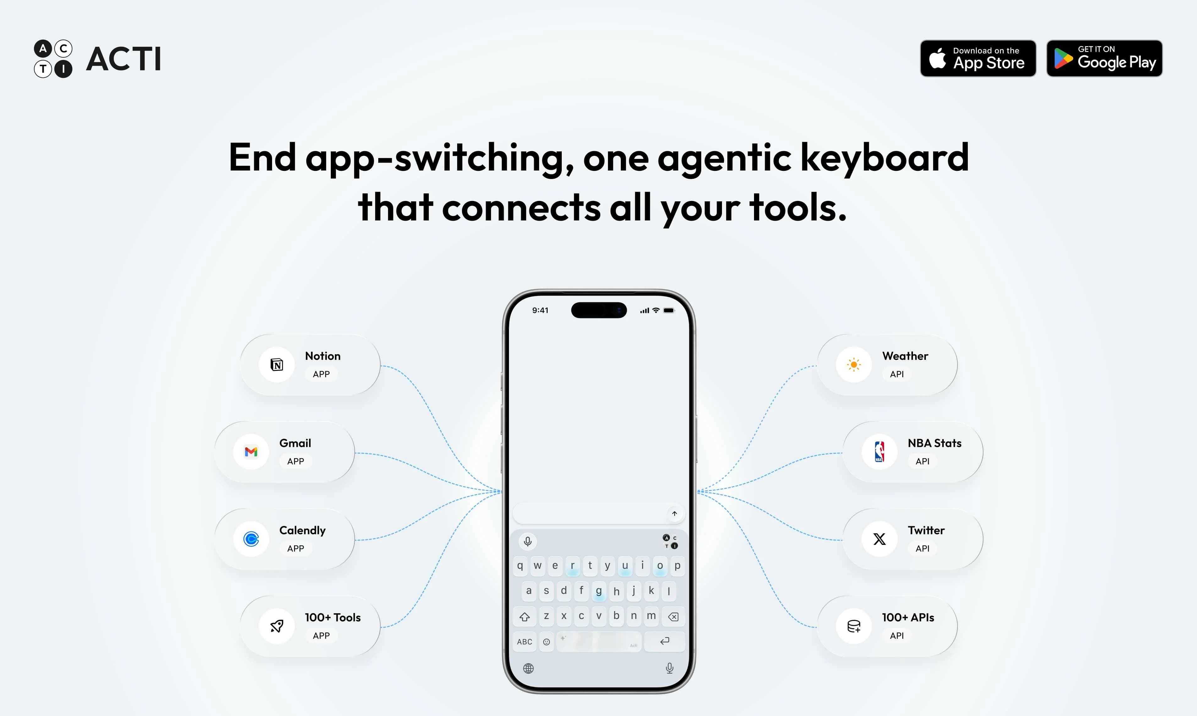 Official Acti interface image showing the phone keyboard connected to Notion, Gmail, Calendly, and APIs