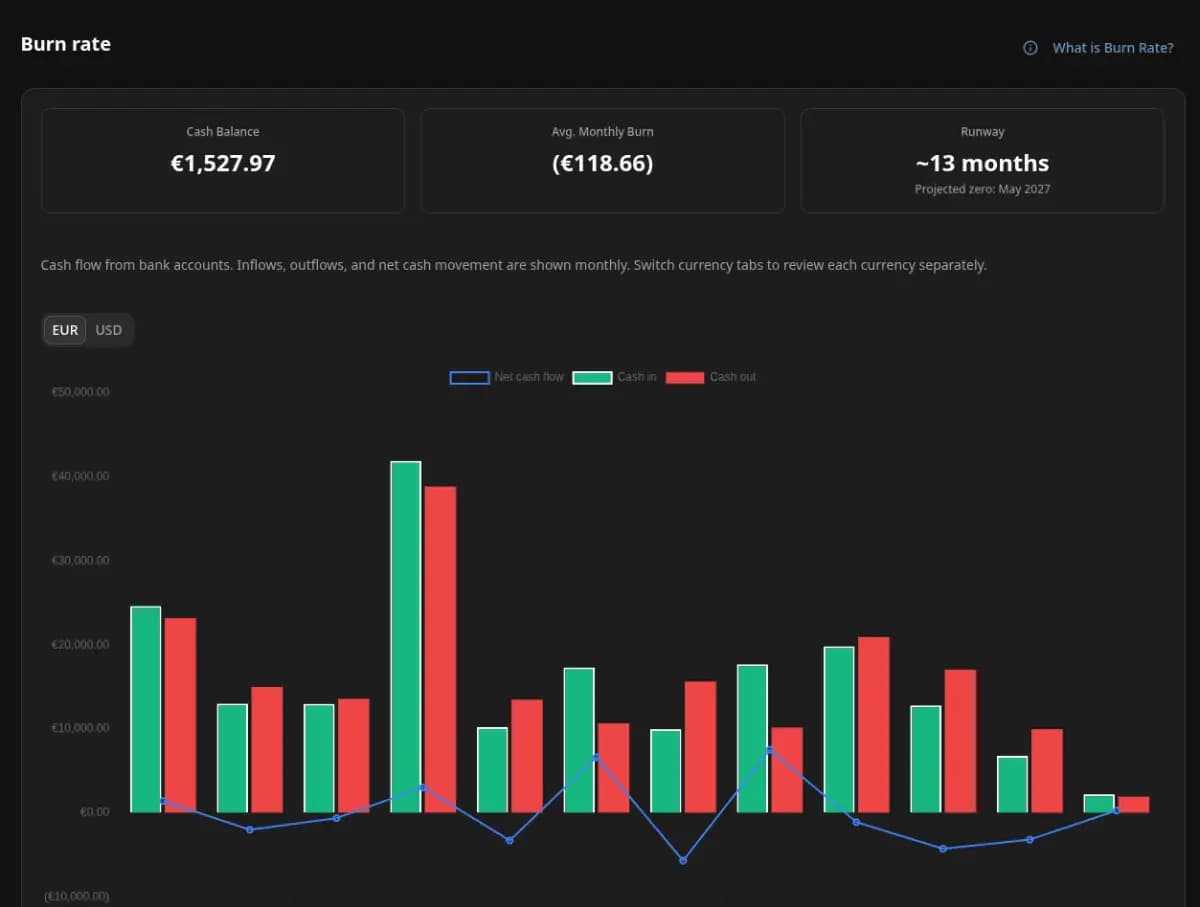 Publisher-uploaded Financica burn-rate interface showing cash balance, average monthly burn, runway, and multi-currency cash-flow chart