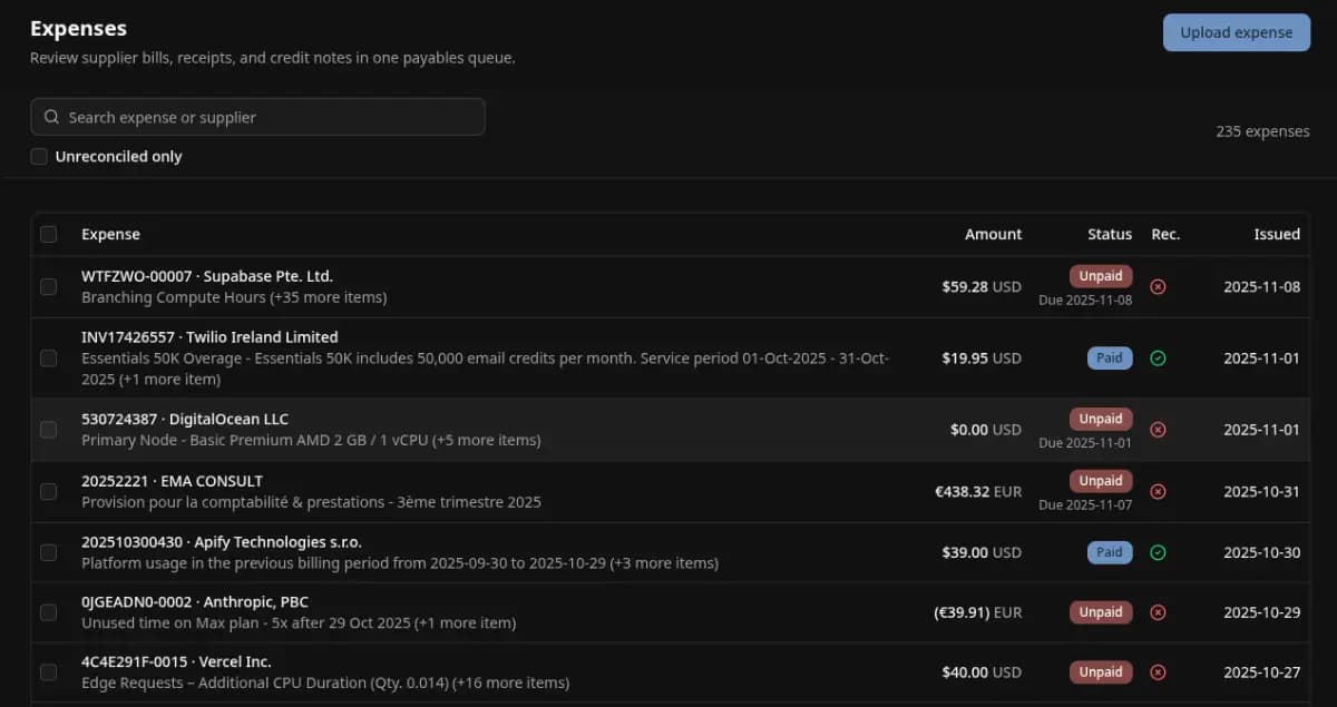 Publisher-uploaded Financica expense-review interface showing search, unreconciled filtering, suppliers, amounts, and payment status