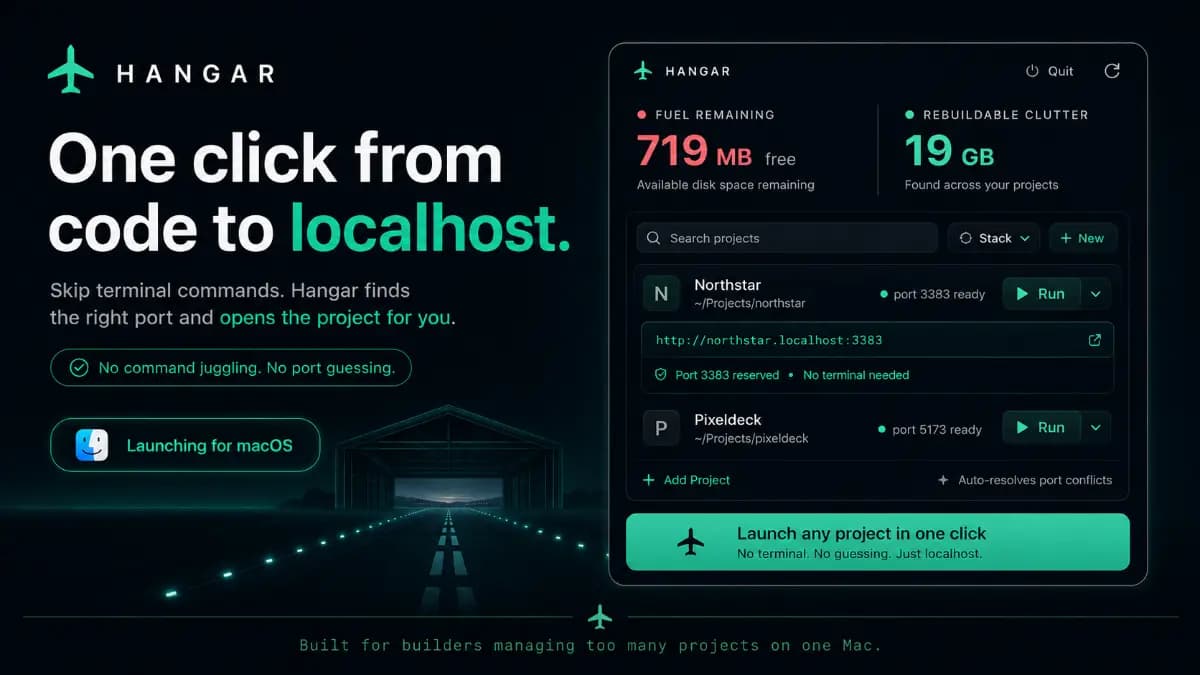 Maker-published Hangar interface showing local projects, ports, run controls, and local URLs