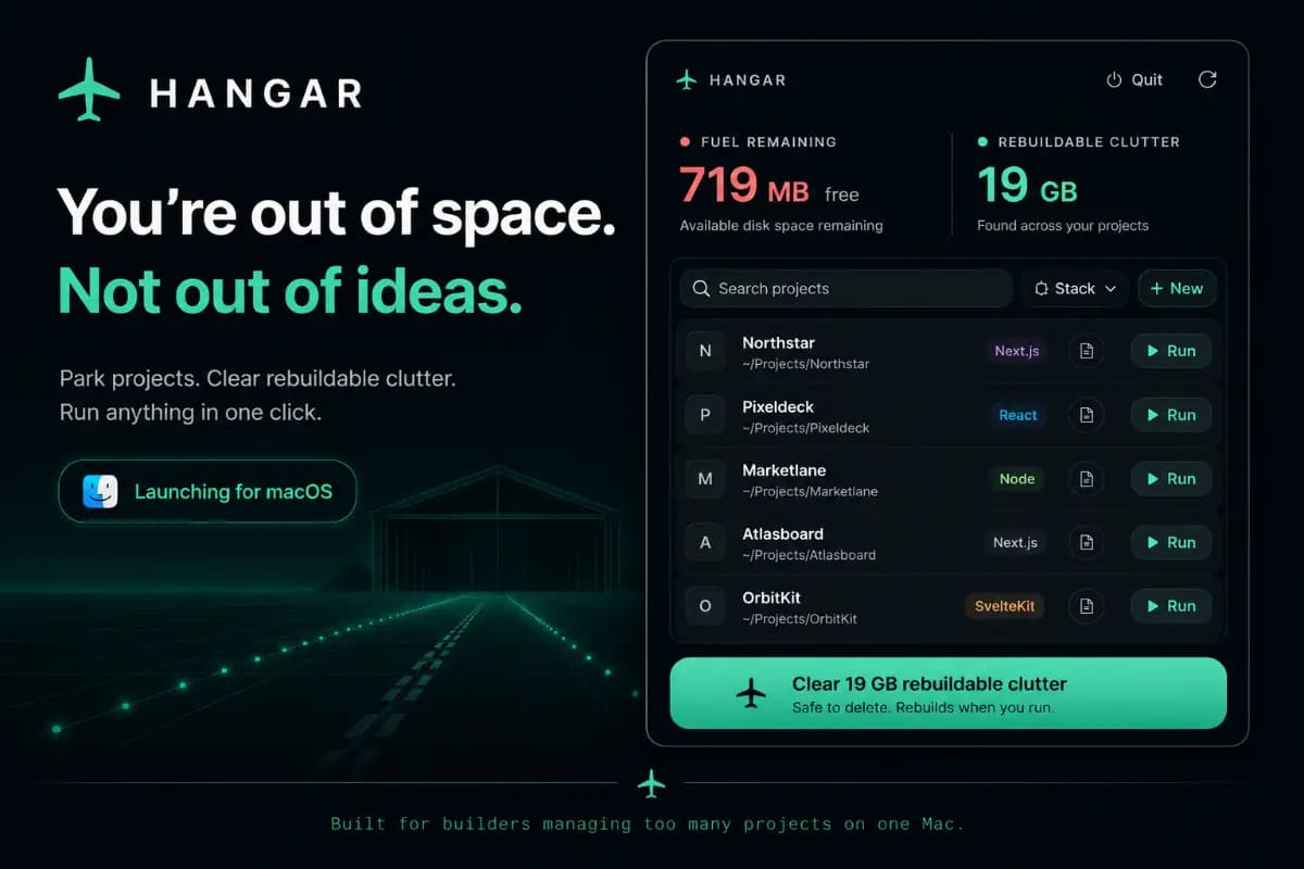 Maker-published Hangar interface showing free disk space, rebuildable storage, project lists, and cleanup controls