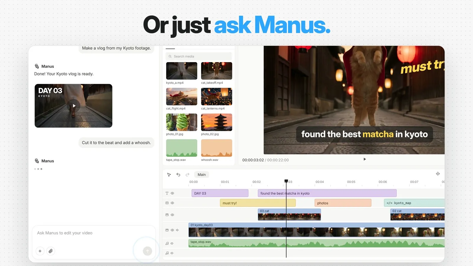 Official Manus editor view: a chat requests a revision while video, text and audio remain on the timeline.