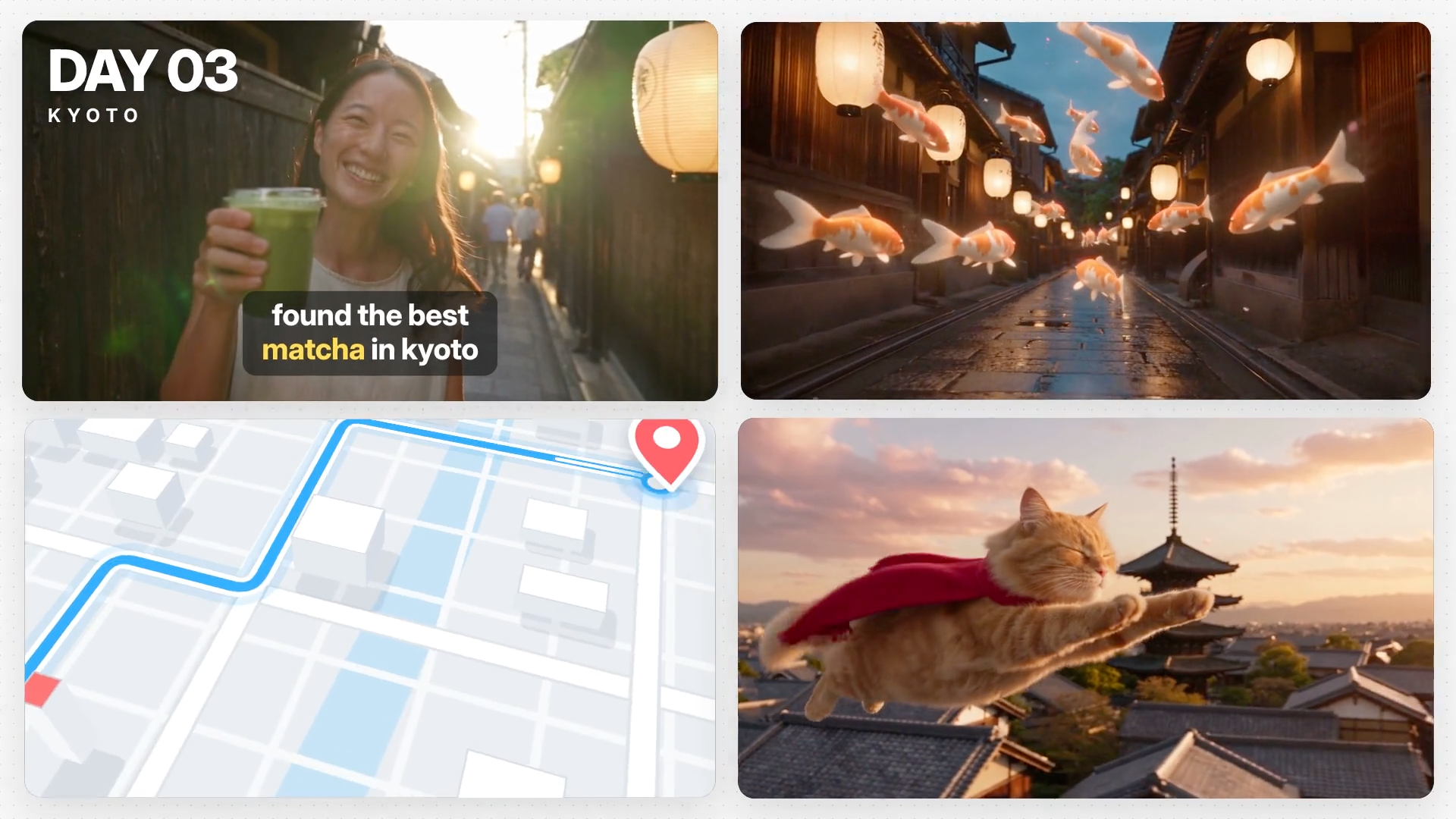 Manus 发布片约33秒的四格画面：旅行人物、鱼群街景、路线图和飞行的猫。