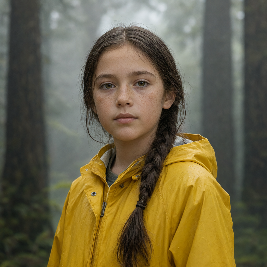 The maker's girl master: braid, freckles and a yellow raincoat against a redwood-forest background.