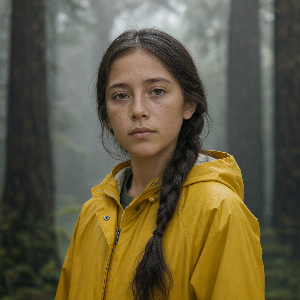The maker's earlier adult reference, retaining the raincoat, braid and freckles.