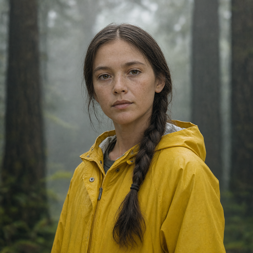The maker's revised adult reference: the yellow raincoat and braid remain, with changed facial contours and eye-area detail.