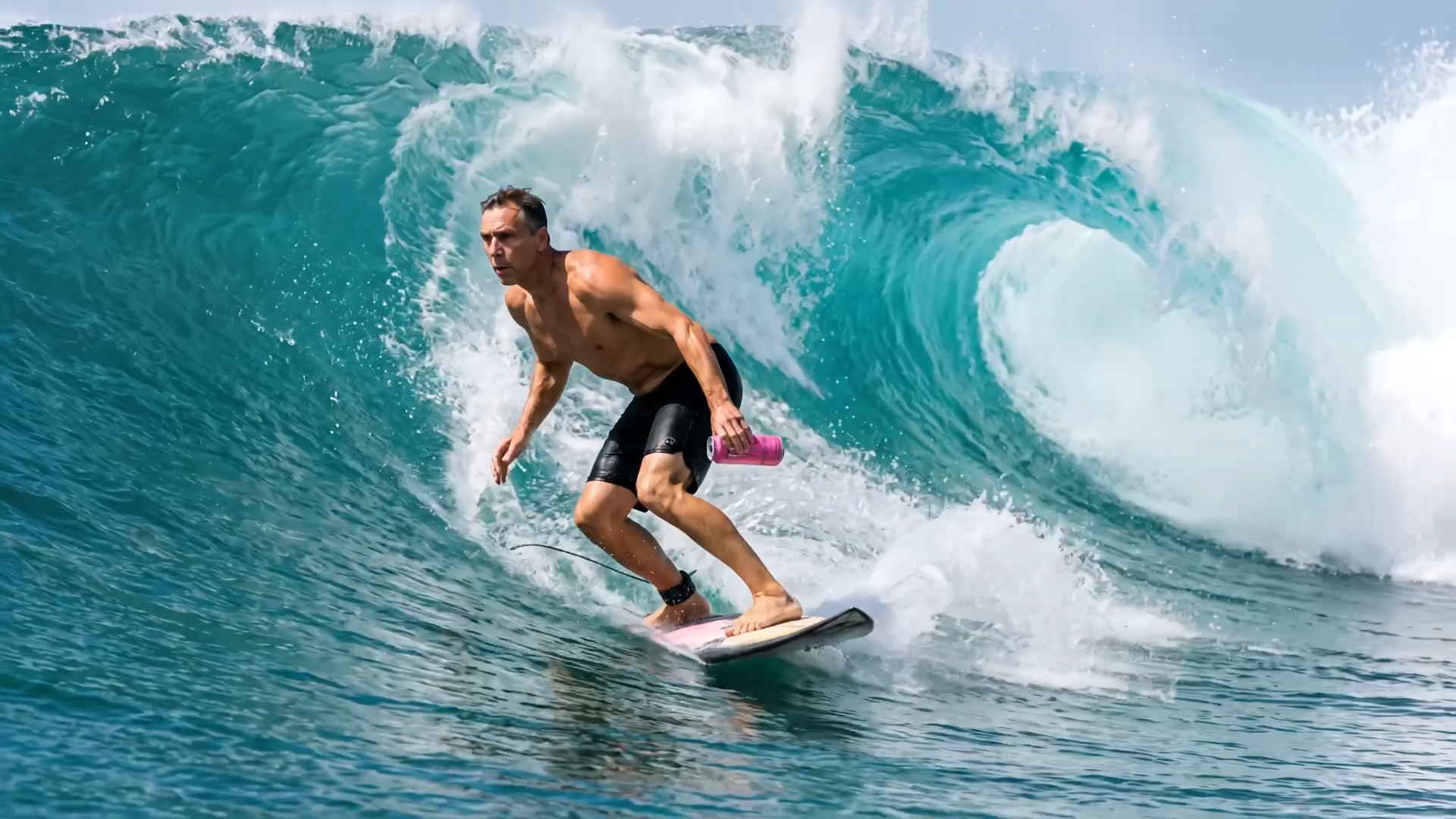 At 28 seconds in the maker's film, a surfer holds a pink can while turning across a turquoise wave.