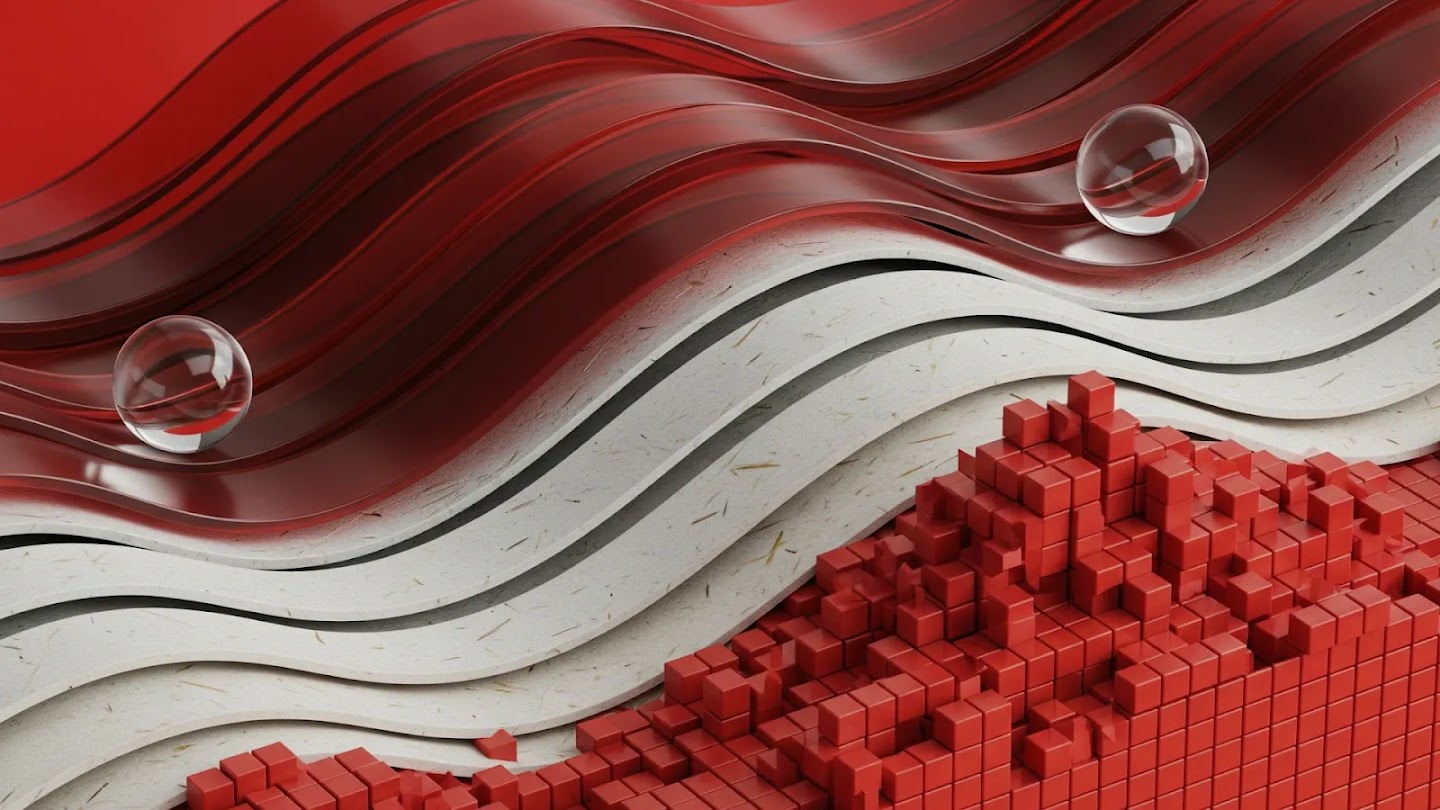 Official abstract artwork with red-and-white layers, blocks and glass spheres.