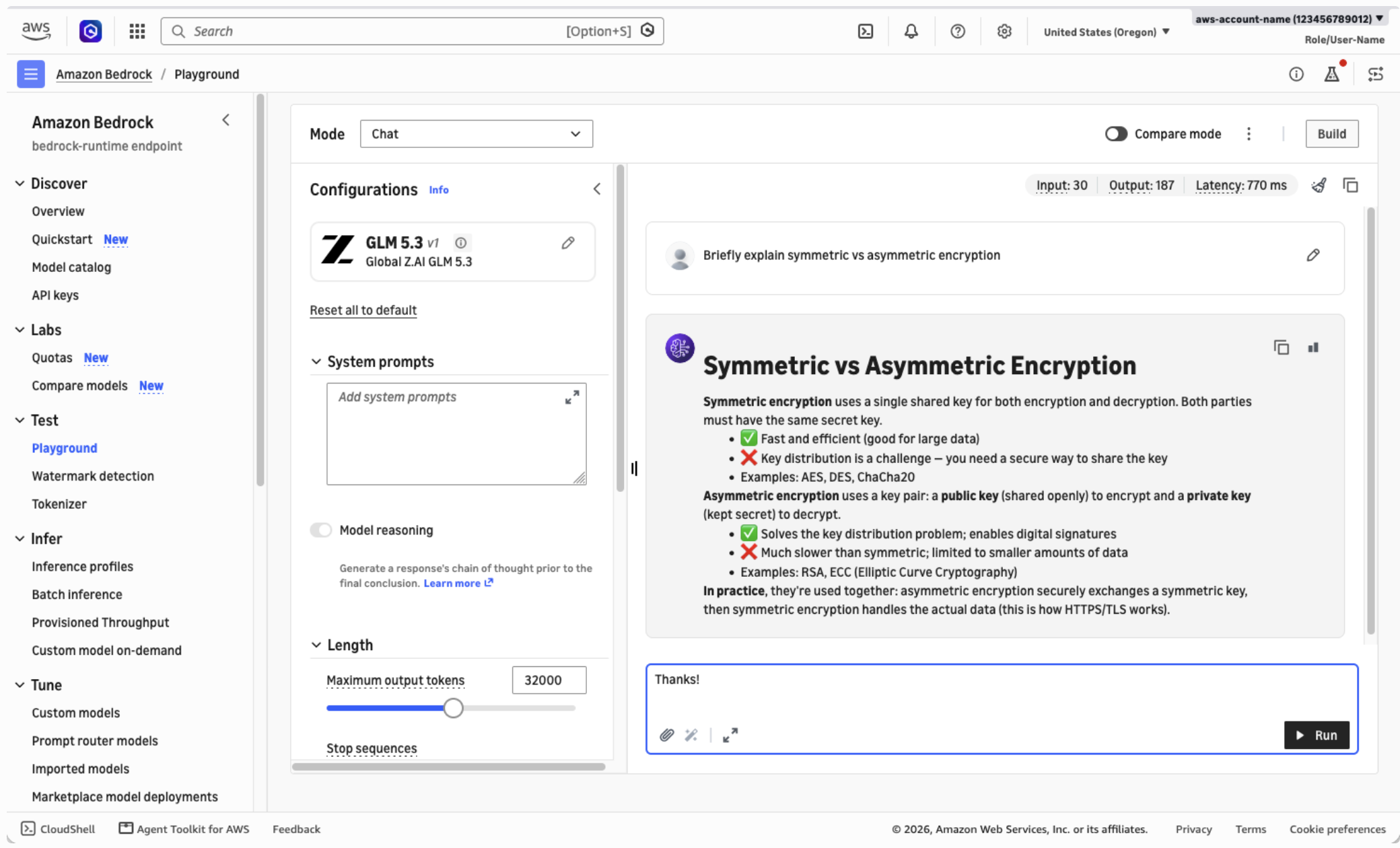 Official AWS Playground screenshot with GLM 5.3 selected and a chat response on the right.