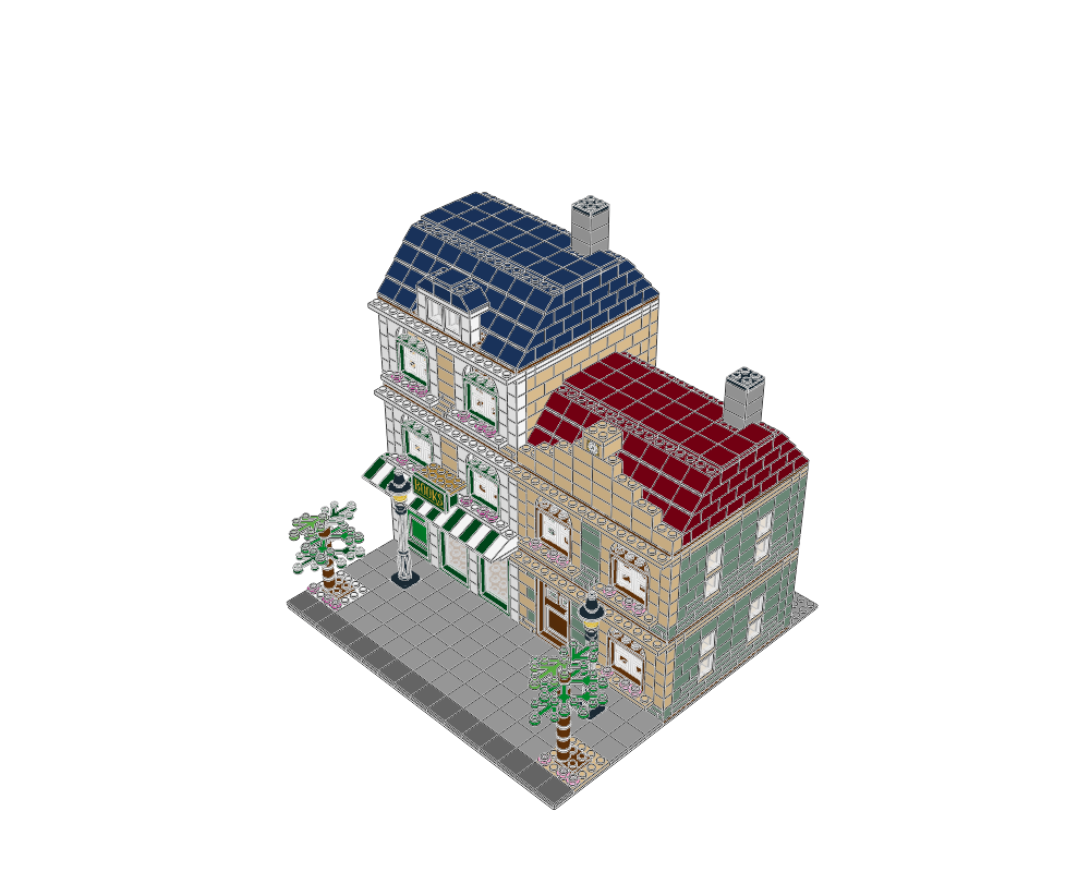 Copper Lane 修改后的数字积木街景：左侧书店有绿白雨棚和 BOOKS 招牌，右侧小楼有红色屋顶，路边是层叠树叶与花。