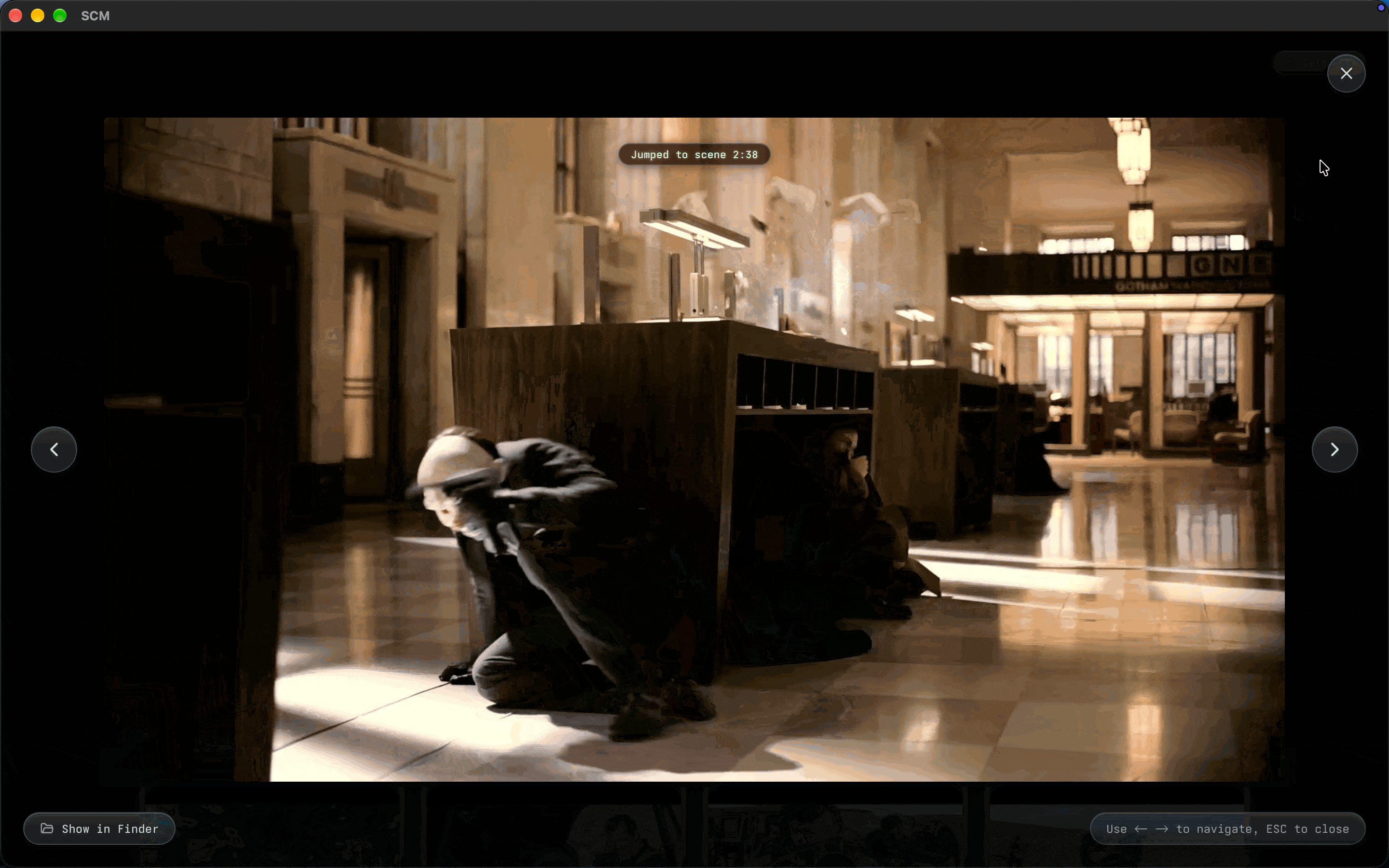 The maker’s SCM demo opens a film clip and displays Jumped to scene 2:38 above the player.