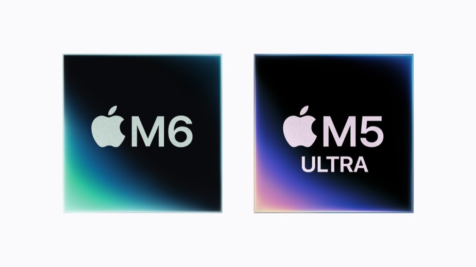 Apple M6 and M5 Ultra chip marks shown side by side