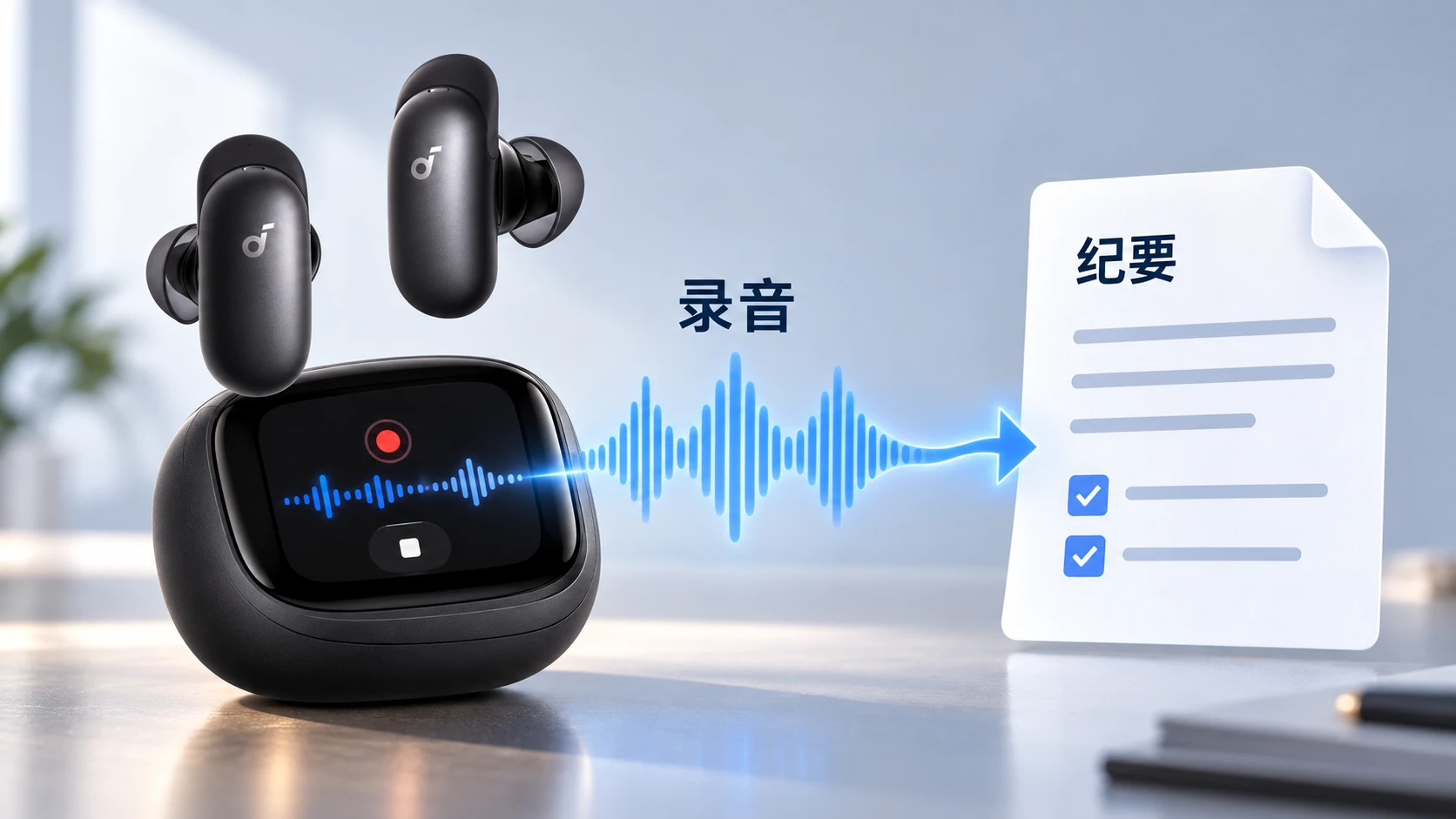 BitShovel · AI 功能示意,外观参考产品图,非官方界面 耳机与录音声波连接到文字纪要的示意图