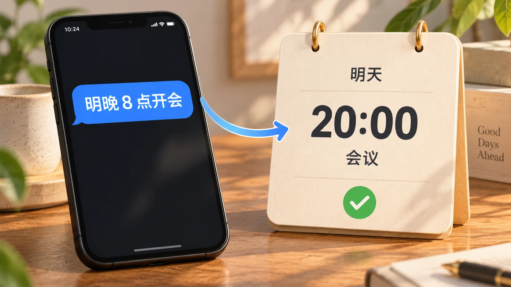 BitShovel · AI-generated scenario illustration, not official UI An example meeting message becomes a calendar reminder for tomorrow at 20:00