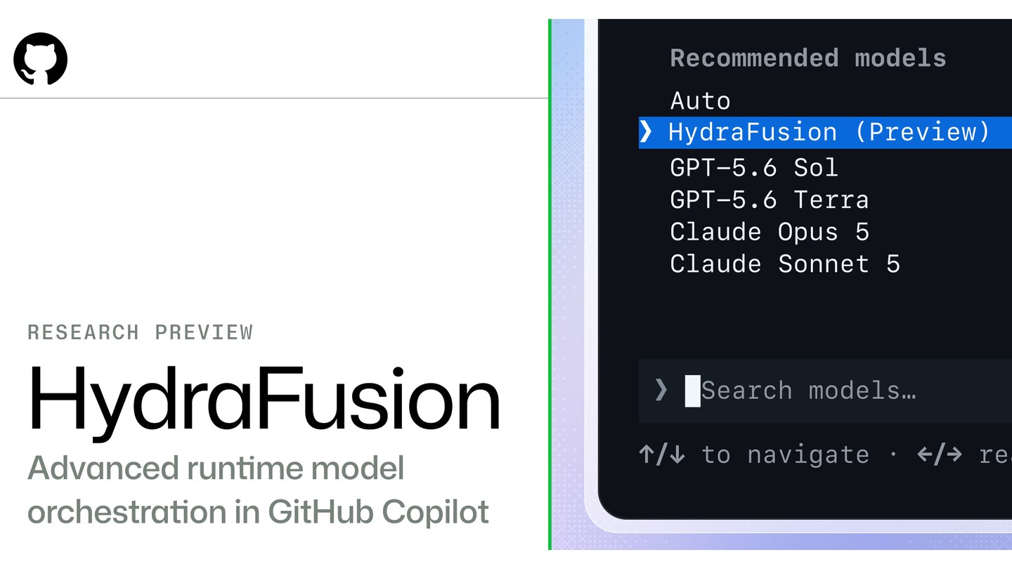 GitHub HydraFusion 研究预览图，展示 Copilot 中的模型选择菜单