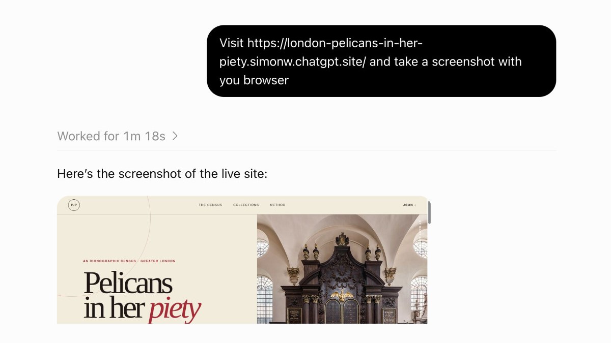 Work browser screenshot and the pelican-imagery website in Simon Willison’s article