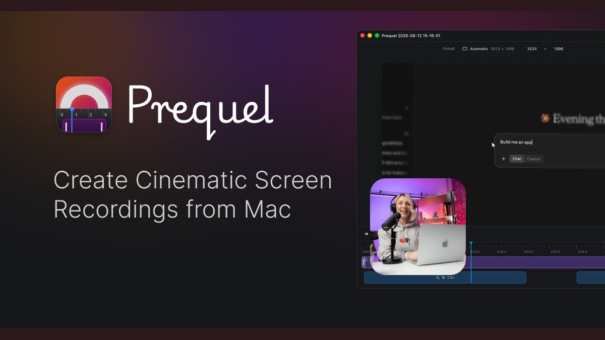 Prequel listing image showing macOS screen recording and a camera window