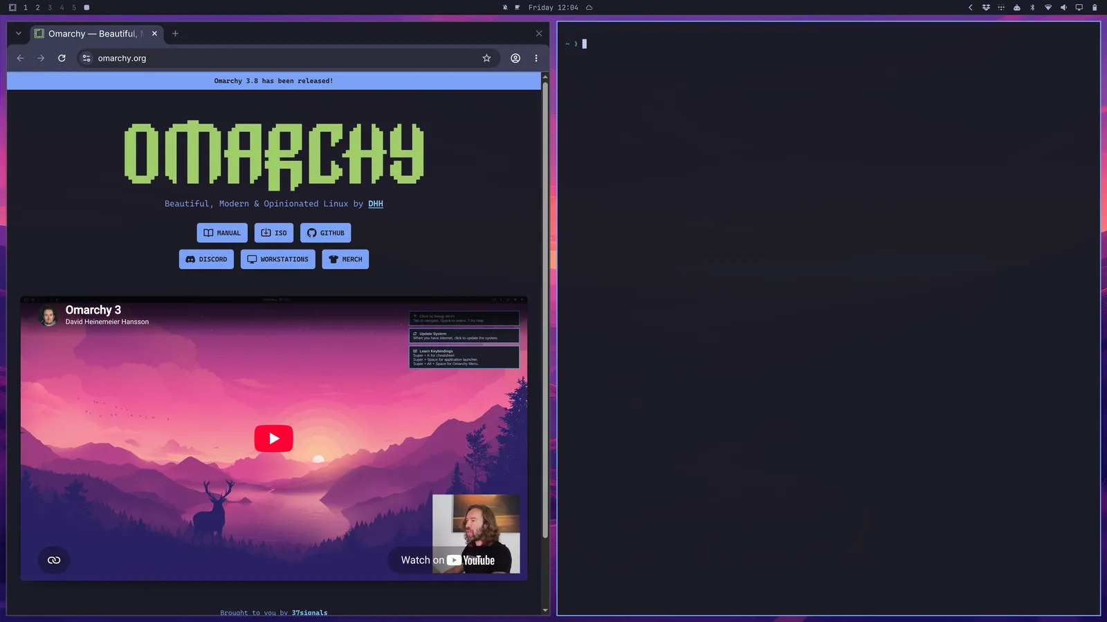 A browser and terminal tiled side by side in the Omarchy manual