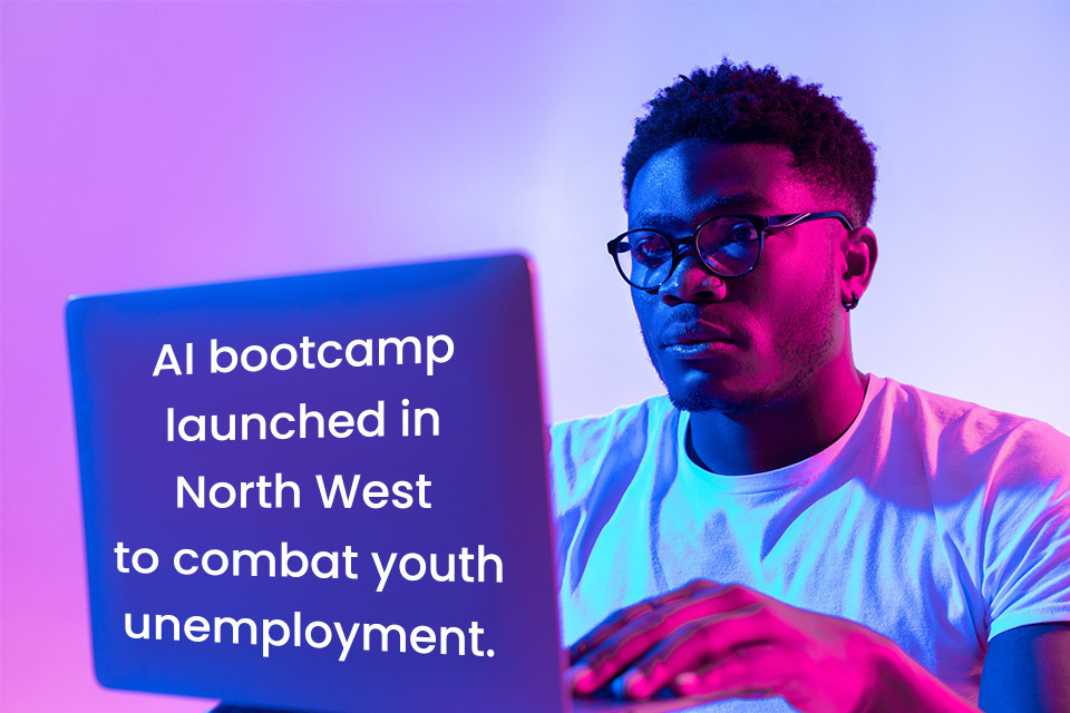 GOV.UK’s AI bootcamp news artwork shows a young adult at a computer with launch text; it is not a classroom record