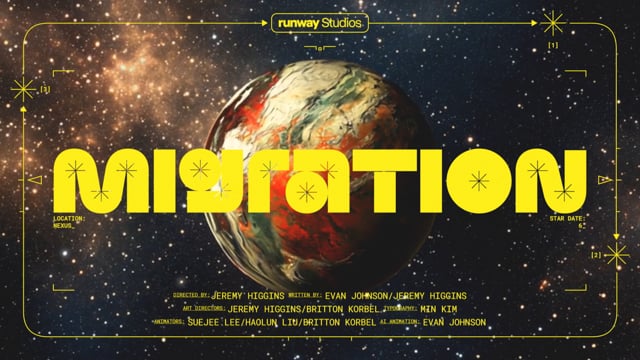 Original-film thumbnail for Migration, showing its yellow title and a planet against a starfield.