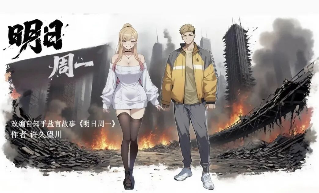 Tomorrow Is Monday promotional poster showing two characters before a damaged city.