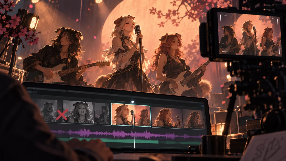 AI editorial illustration: three dog-eared performers on stage above a timeline with discarded and selected edits; not footage from the original MV or failed shots.