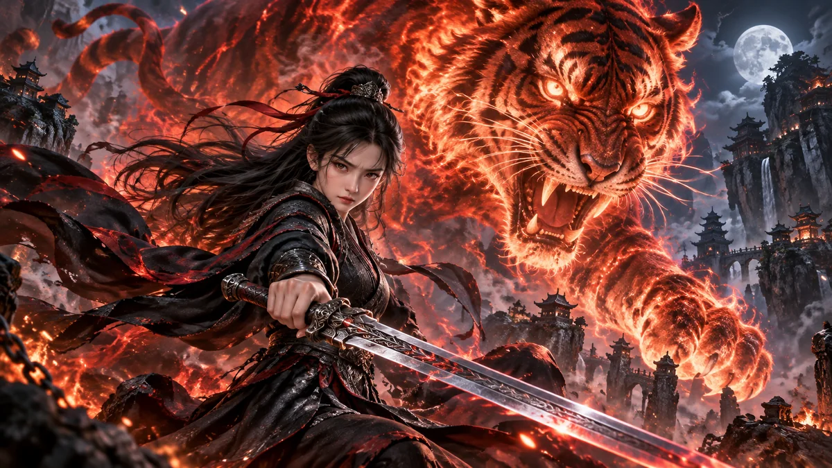 本站编辑示意：黑衣持剑人物与火焰虎妖对峙；非《万妖图录传》原片或官方海报。